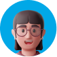 3D cartoon avatar of a smiling female financial consultant wearing round glasses on a blue circular background.