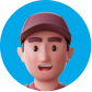3D cartoon icon of a male financial advisor wearing a brown baseball cap on a vibrant blue circular background.