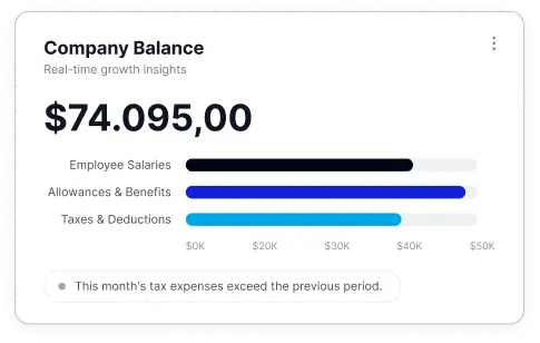 alt=Company Balance dashboard chart showing business growth insights with $74,095.00 cash reserves and a breakdown of employee salaries allowances and tax deductions.