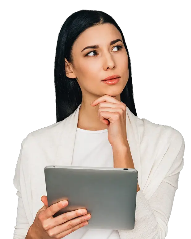 Thoughtful businesswoman holding a tablet and considering financial loan options from Capital Loan Specialist.