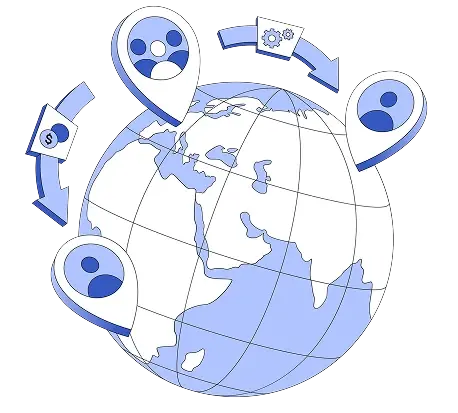 Illustration showing small business owners connected through a global funding network, representing lender matching and business financing solutions.